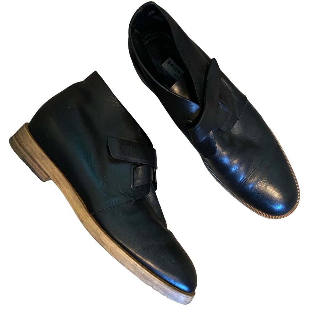 Balenciaga Paris Black Monk Strap Leather Ankle Boots Booties Made in Italy 39